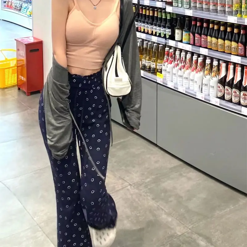 Vintage Korean Style Smile Print Y2K Harajuku Chic Trousers Female Spring Women's Casual Streetwear High Waist Slim Flare Pants