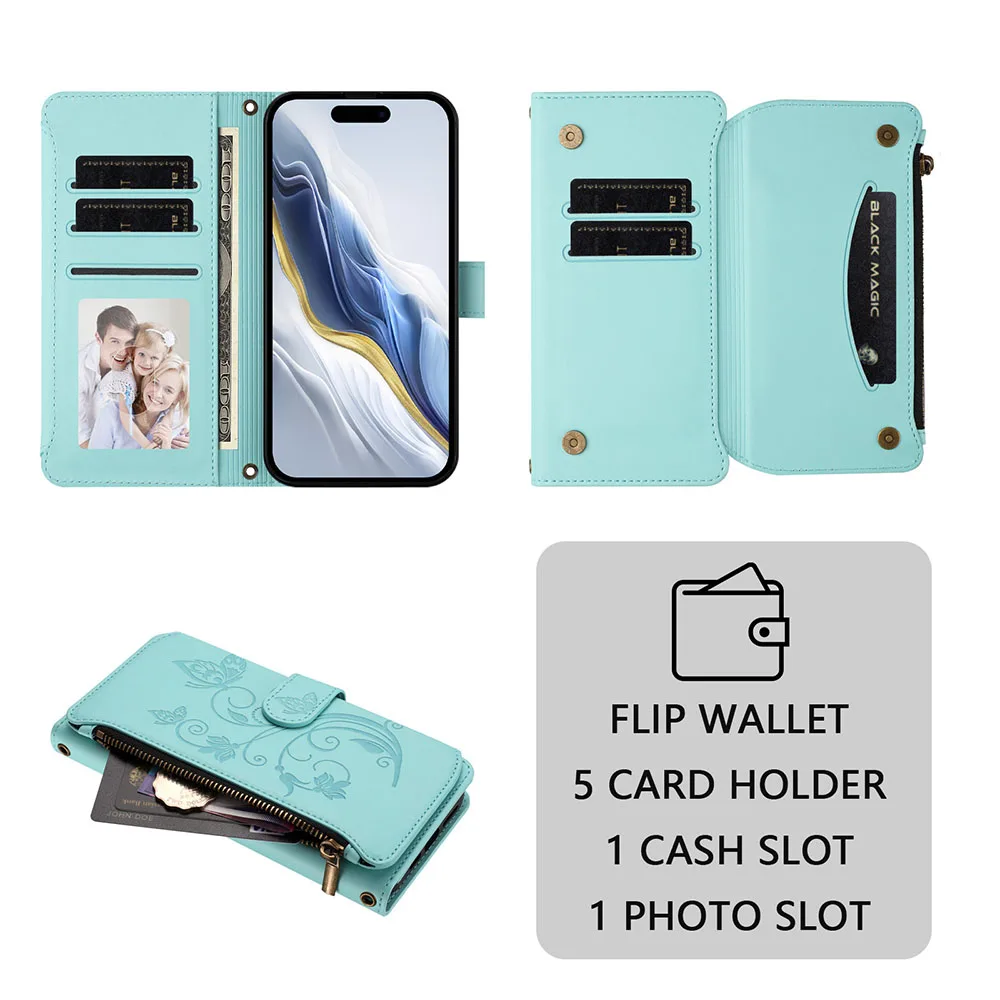 Elegant Zipper Wallet Flip Case with Card Slots and Stand Function