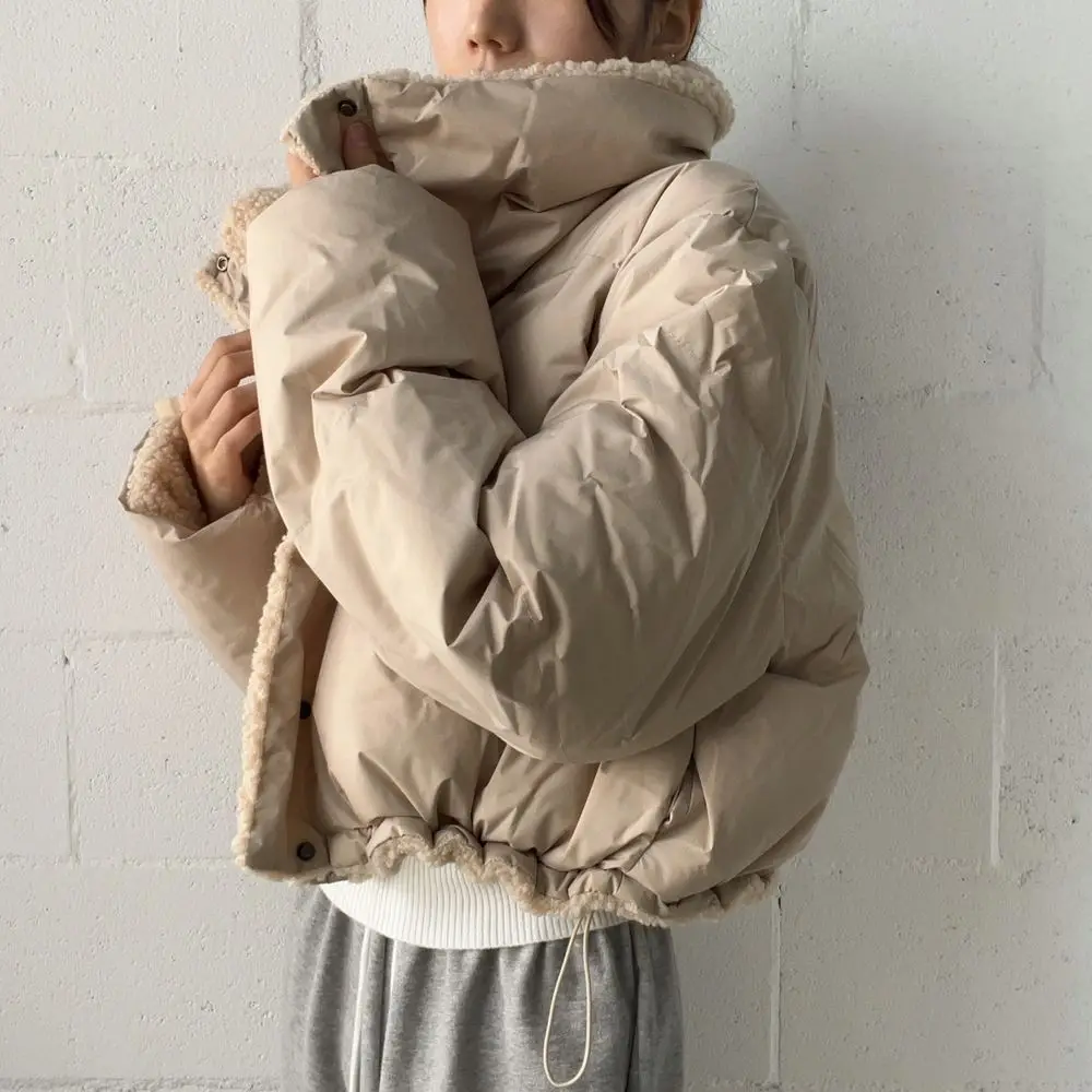 Korean Double-Sided Wear Lamb Fur Patchwork Down Cotton Jacket Women's Autumn Winter Fashion Short Big Lapel Student Bread Coat