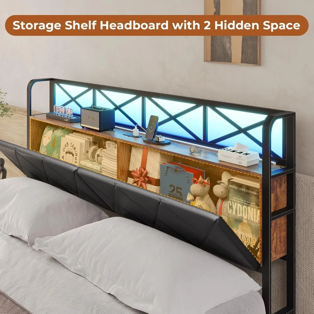 Bed Frame with Hidden Storage and 2 Drawers with Led Lights and Charging Station with Upholstered Headboard,No Box Spring Needed 4