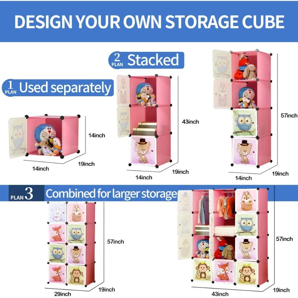 BRIAN&DANY Portable Cartoon Clothes Closet DIY Storage Organizer,Sturdy Safe Wardrobe Children Kids,8Cubes&2Hanging Sections 5