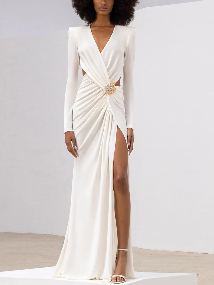 

Women Elegant Luxury White Long Sleeved Sexy V-Neck Pleated Hollow High Split Long Dress Vestidos De Fiesta Evening Party Prom