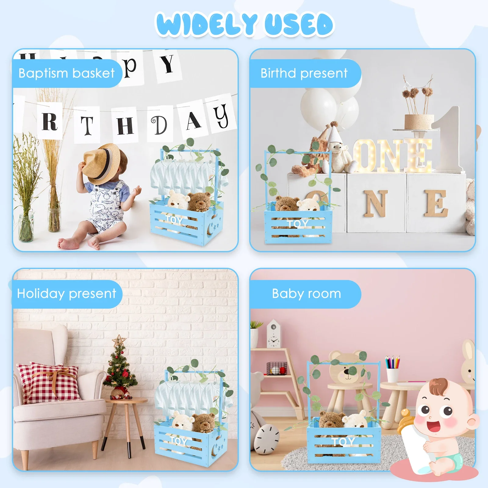 Wood Baby Shower Crate Closet Large Capacity Easy to Install Shower Party Basket with Handle Smooth Baby Clothes Rack for Babies 5