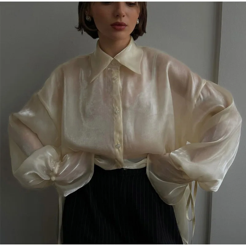 Camisas vintage lisas con mangas acampanadas y cuello alto para mujer, elegantes camisas con solapa y botonadura sencilla con cordones, blusas elegantes de calle para mujer