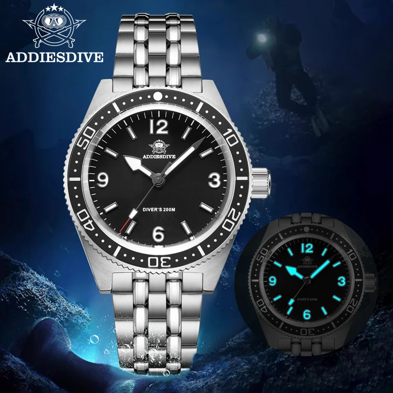 

Мужские кварцевые часы ADDIESDIVE в деловом стиле 20 бар водонепроницаемые светящиеся модные спортивные наручные часы с сапфировым стеклом из нержавеющей стали для дайвинга AD2033