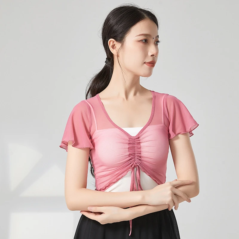 Costume da danza classica per donna, abito sari a maniche corte con volant, coulisse, garza, maglia, performance, abiti da allenamento per balletto - immagine 4