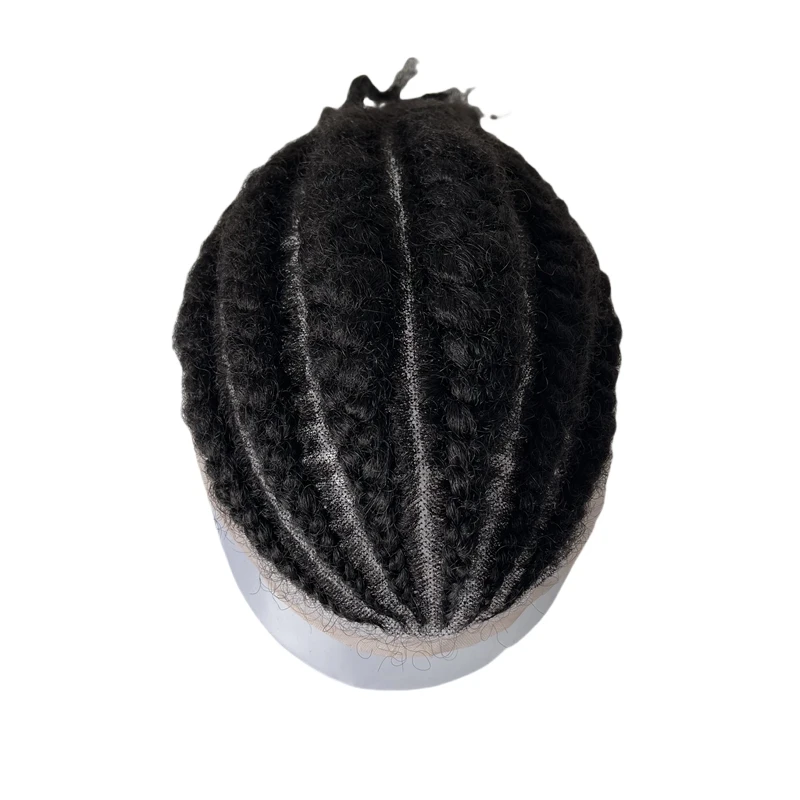 Malaysian Virgin Human Hair Hairpiece #1b Black Afro Cornrow Braids Toupee 8x10 Full Lace Unit for Black Men