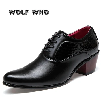 WOLF WHO 럭셔리 남성 드레스 웨딩 신발, 광택 가죽, 6cm 하이힐, 패션 포인티드 토, 높이 옥스포드 신발, 파티 무도회 X-196