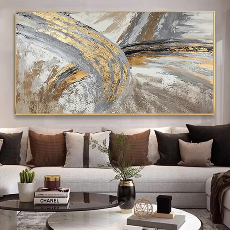 

Pure Hand Drawing Oil Painting Modern Light Luxury Hanging Golden Abstract Three-Dimensional Knife Living Room Decorative