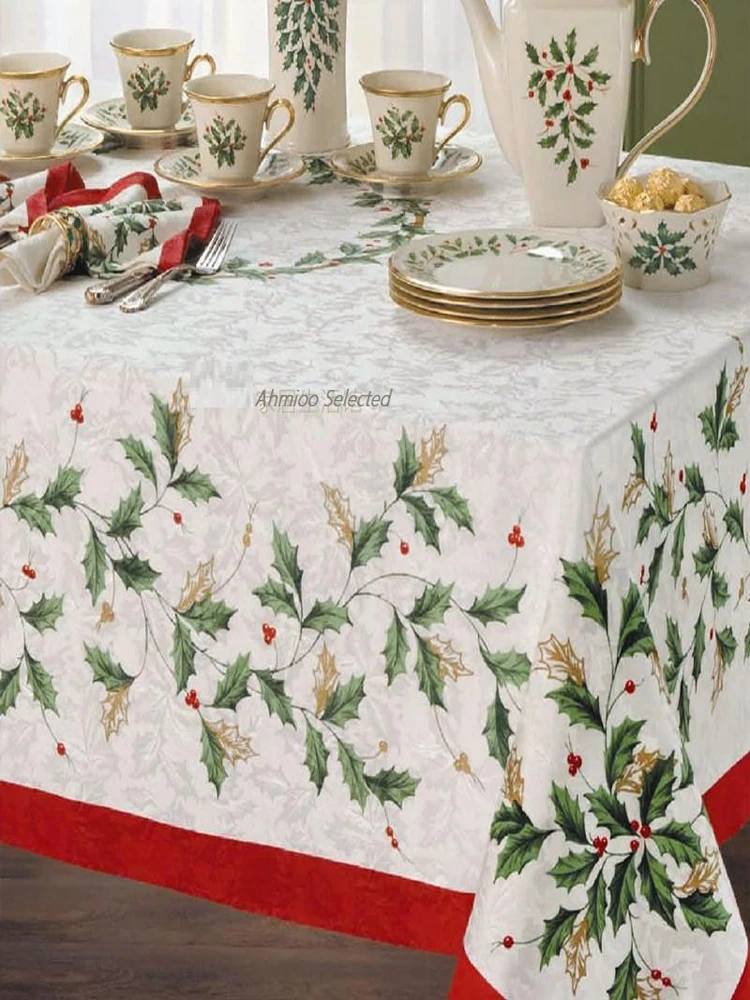 

Christmas Leaves Cotton Polyester Rectangle Tablecloth Party Holiday Dining Table Tablecloth Round Cloth Navidad Decoration 2023