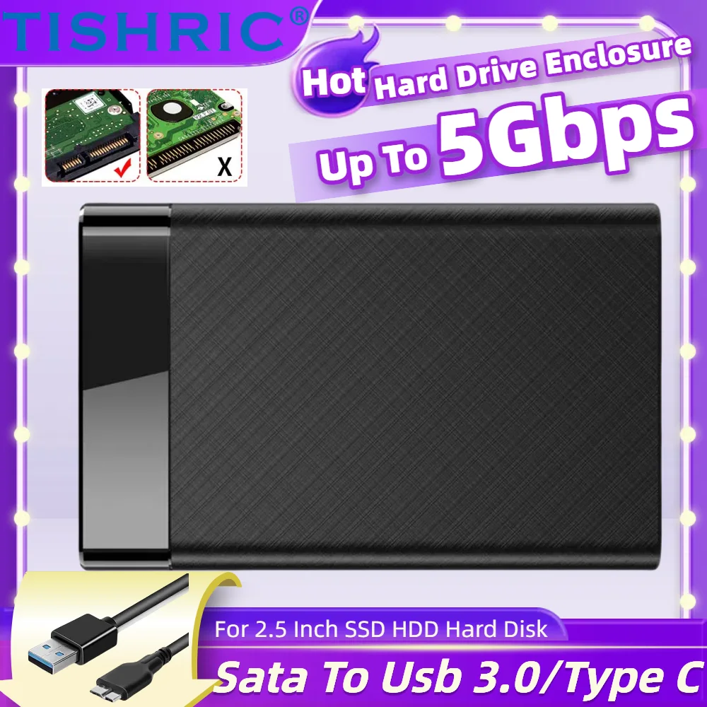 TISHRIC 하드 드라이브 인클로저 Sata-Usb 3.0/Type C 외부 HD 케이스 2.5인치 SSD 하드 디스크 인클로저/박스/하우징 최대 5Gbps