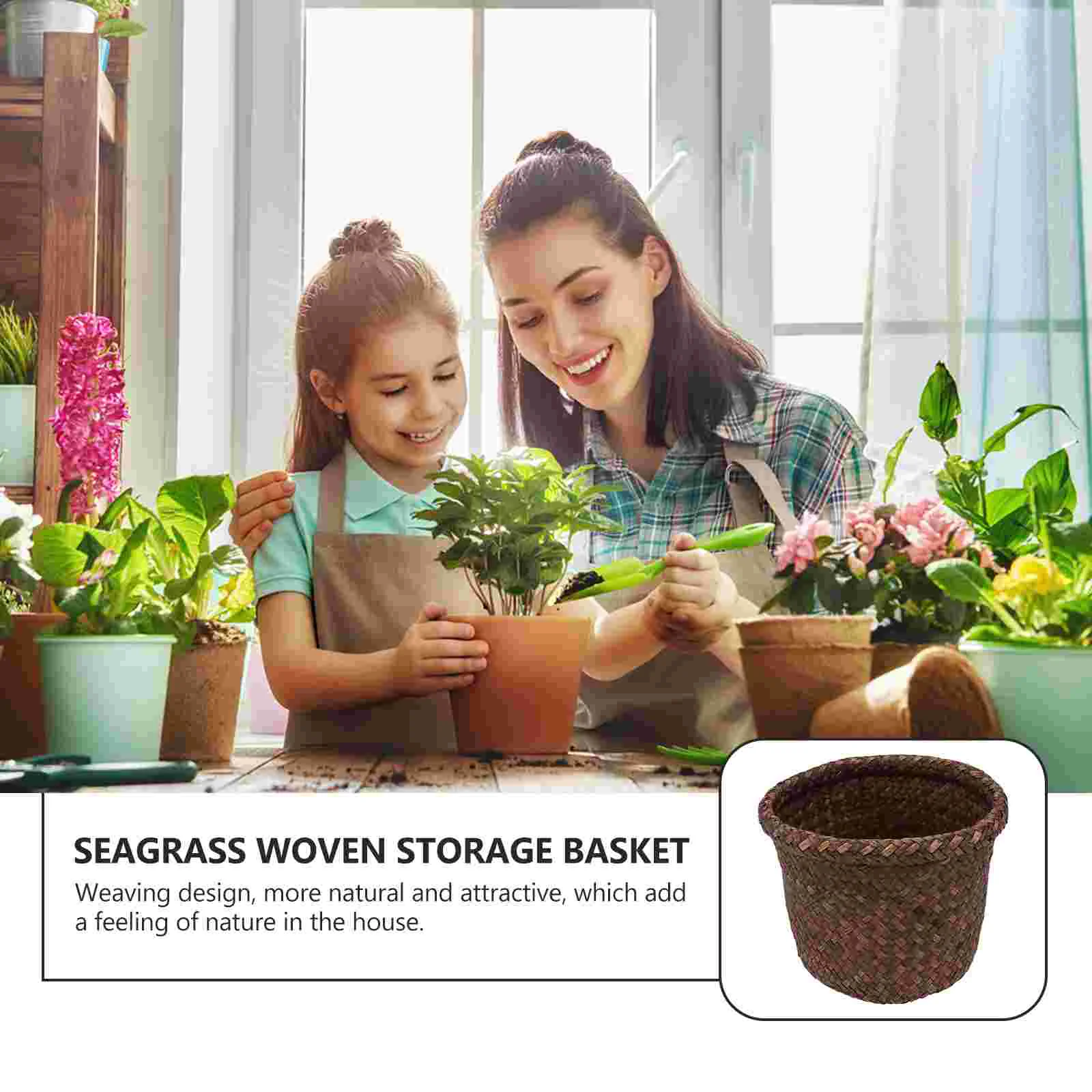 

Woven Storage Basket Trash Bin Decorative Flowerpot Plant Planter Seaweed for Home Hanging Weaving