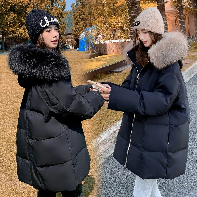 Women Down Jacket Raccoon Fur Collar Winter Windproof Loose Thick Medium-length Models Coat Jackets Overcoat Outwear Hooded Warm