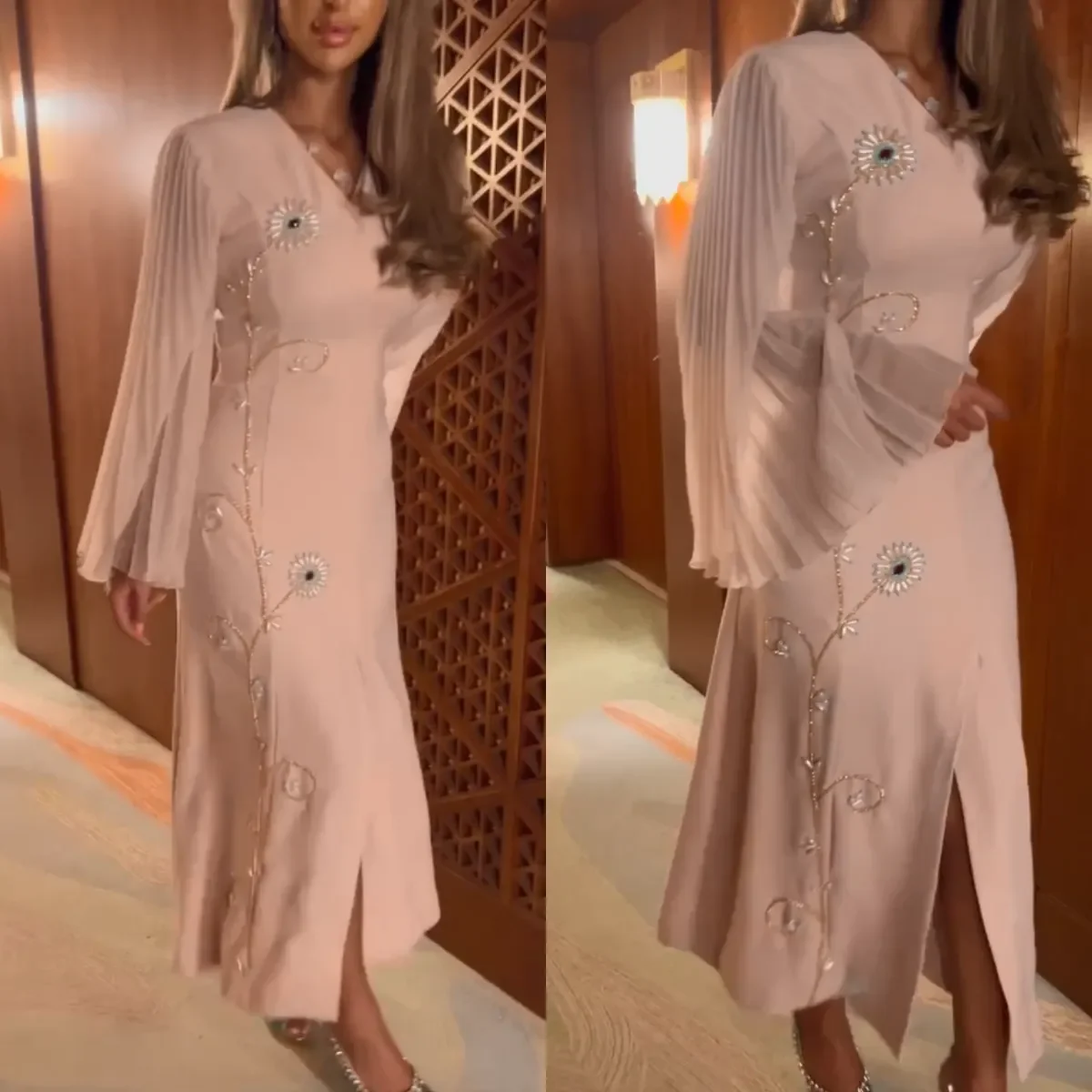 

2024Women V-Neck Flower Beads Formal party Gowns Pleated Flare Sleeves Front Split Ankle-Length Elegant Evening Dresses