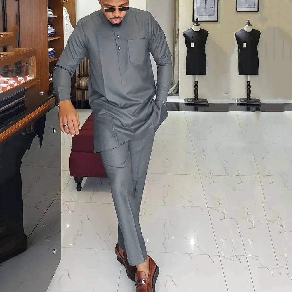 2 Pcs Sets Men Outfit Embroidered Crew Neck Top Trousers Men's Suit Kaftan Wear Business Clothing African Ethnic Casual Clothing