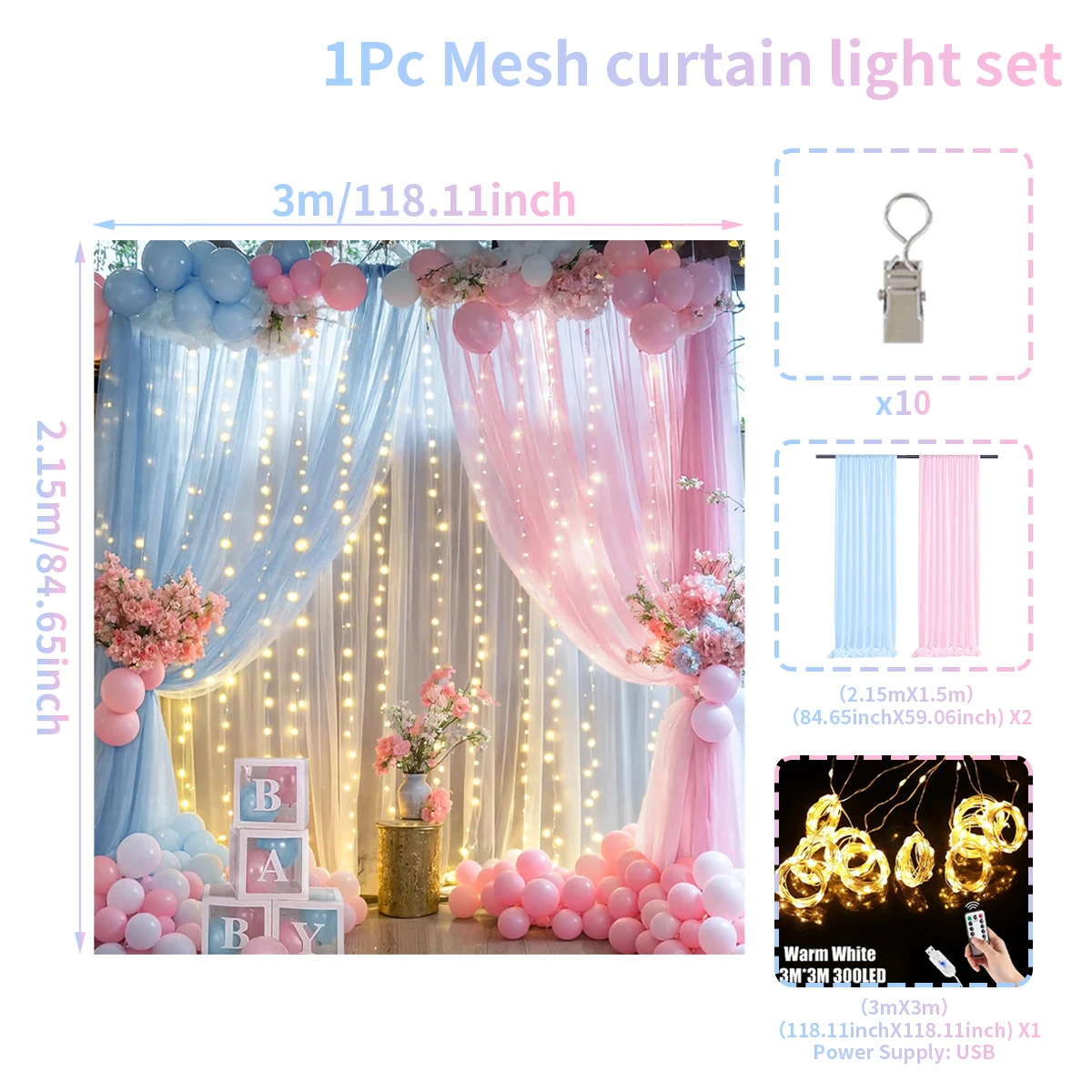 Tenda In Tulle Rosso Con Luci LED 6x3m - 4 Pannelli 1,5x3m, Kit Completo Con 24 Clip E Luci USB, Per Compleanni, Matrimoni, Cabina Fotografica - 5