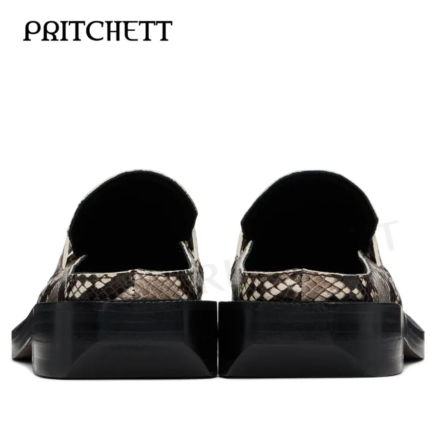 Colorblock Snake Pattern Mule Slippers Square Toe Shallow Mouth Slip-On Casual Sandals Square Root Fashionable Men's Shoes
