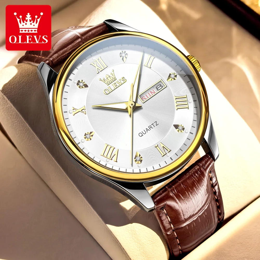 100% الأصلي OLEVS 3649 ساعة كوارتز للرجل حزام جلدي...