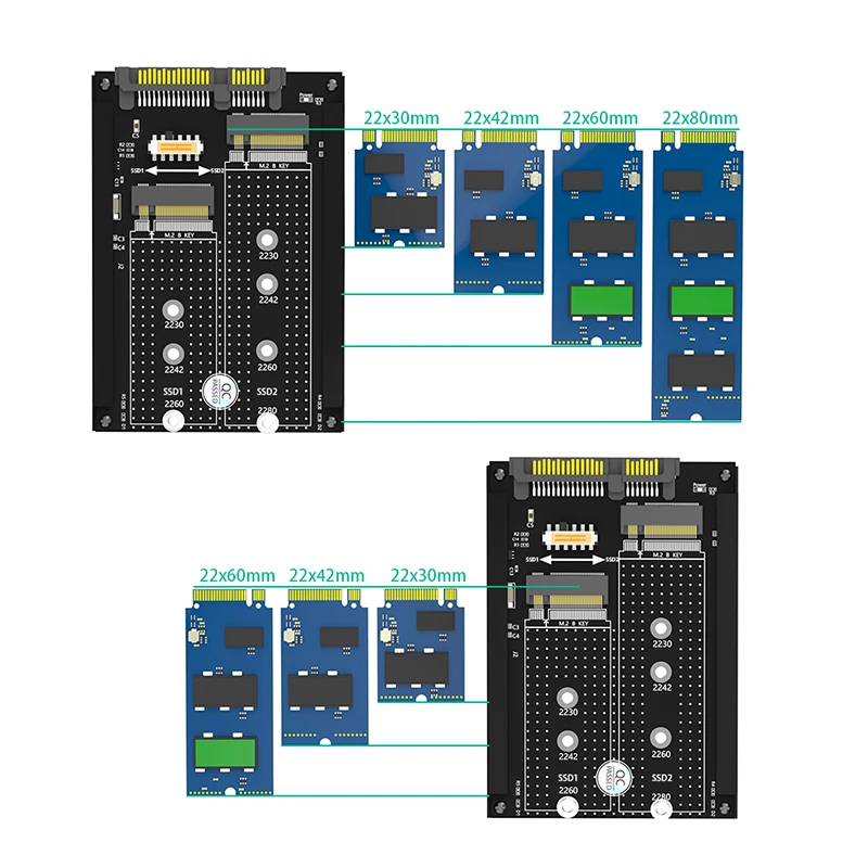 새로운 M2 SATA SSD 어댑터 (엔클로저 소켓 금속 케이스 포함) 듀얼 B+M 키 M.2 NGFF SSD - 2.5 SATA 3.0 6Gbps 컨버터 어댑터 카드
