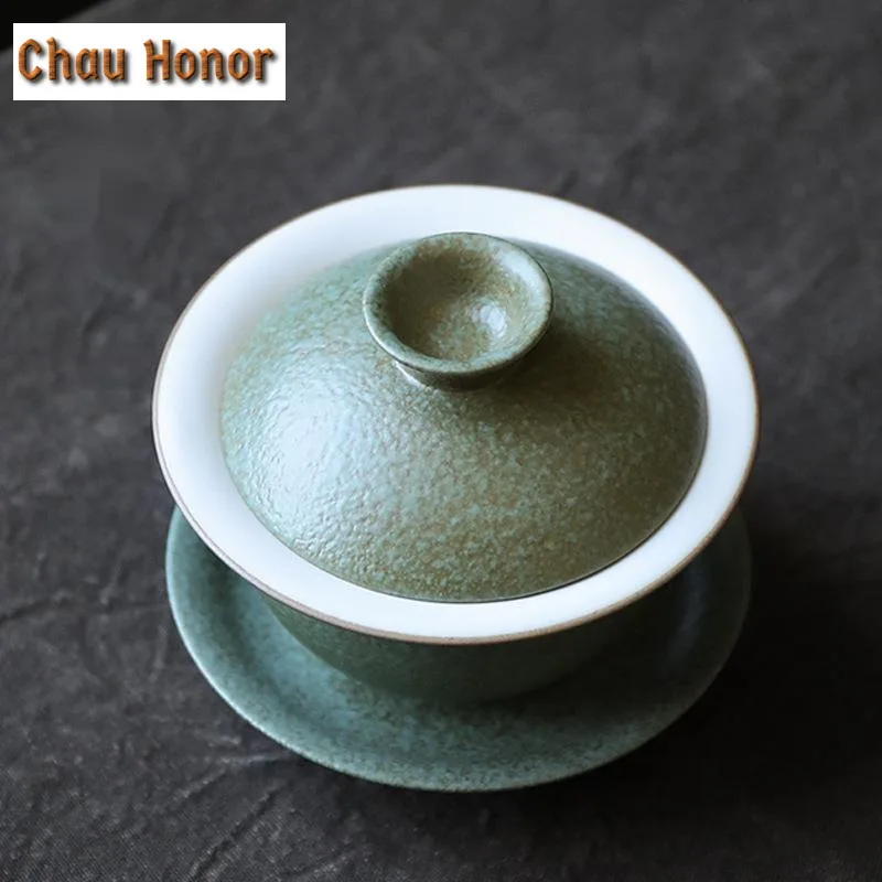 150ml Japanese Style Coarse Pottery Kiln Black Green Cover Bowl Handmade Tea Bowl Kung Fu Tea Set Tea Cup Sancai Cover Bowl