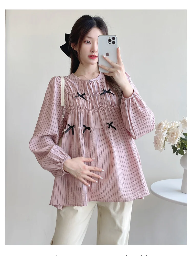 Korean Style Pregnant Women's Striped Shirts Long Sleeved Pleated High Waist Maternity Blouses with Bowknots Pregnancy Loose Top