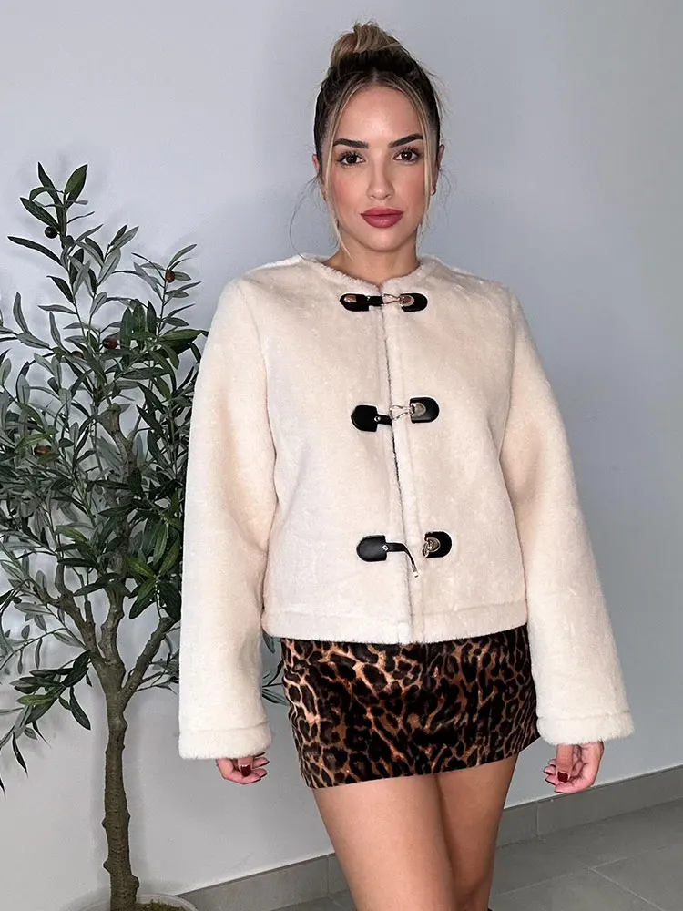 HH Autumn Women Fashion Faux Lamb Wool Short Coat O Neck Long Sleeve Jacket Woman Casual Solid Office Lady Chic Outerwear Tops