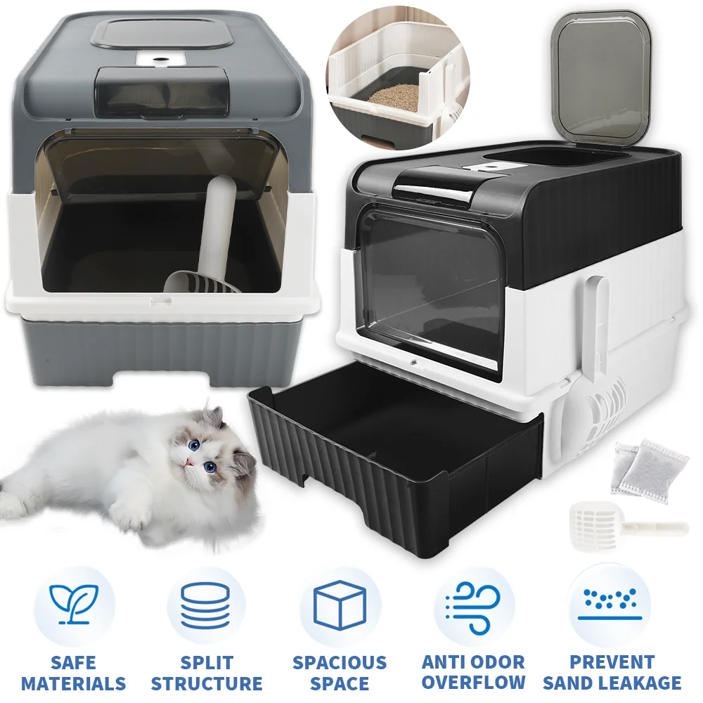 Cat Litter Box Hooded Cat Box Odor-Resistant Fully Enclosed Cat Toilet With Litter Scoop For Home Pets Supplies_voghion.com
