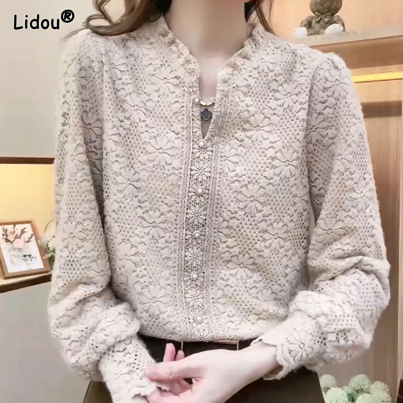 

2023 New Spring and Autumn and Winter Western Style Korean Commuter Fashion Stand Up Neck Lace Jacquard Plush Thickened Shirt