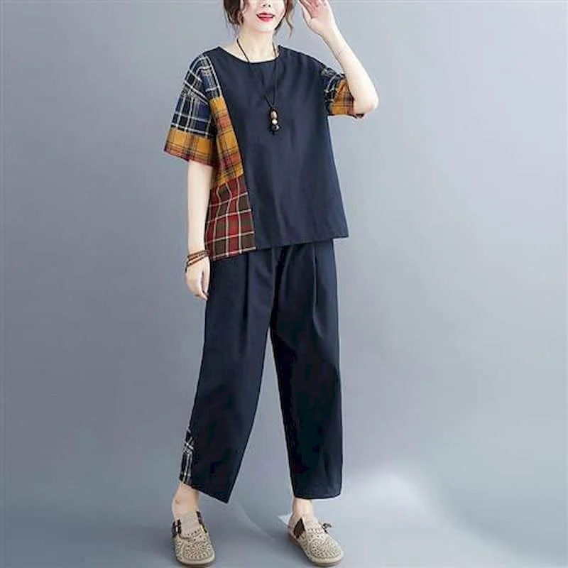 

Женский Повседневный брючный костюм, винтажный клетчатый комплект из двух предметов, топ без рукавов с круглым вырезом и свободные шаровары в Корейском стиле на лето