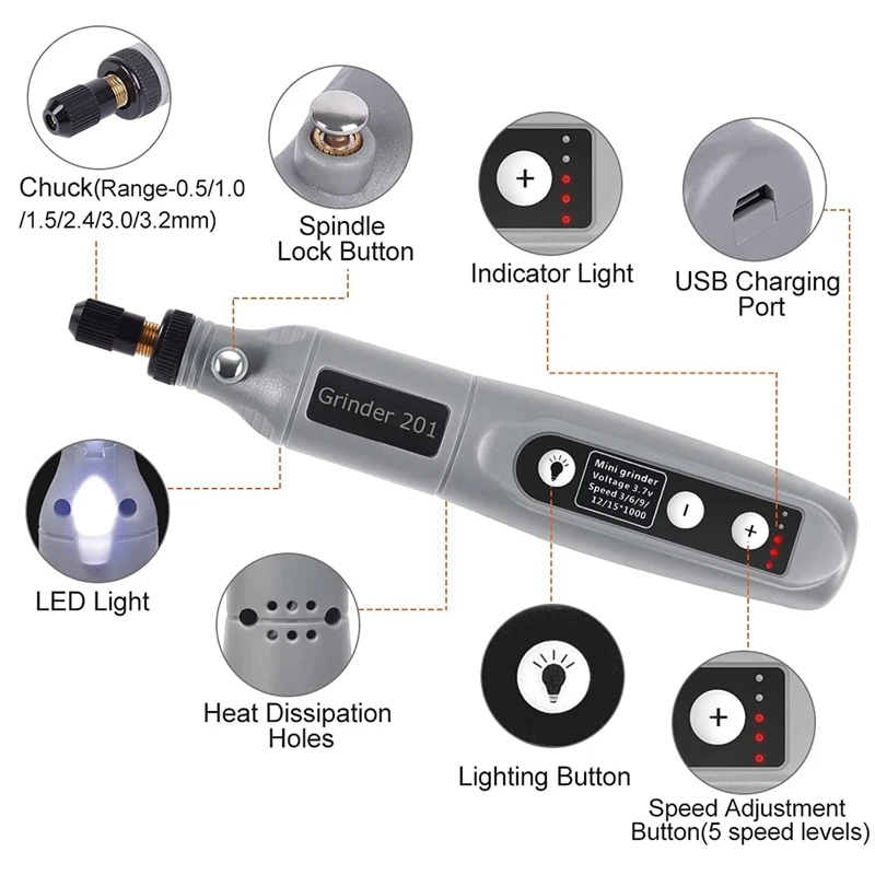 5-Speed Speed Speed Adjustment Mini Electric Grinder Tool Set USB