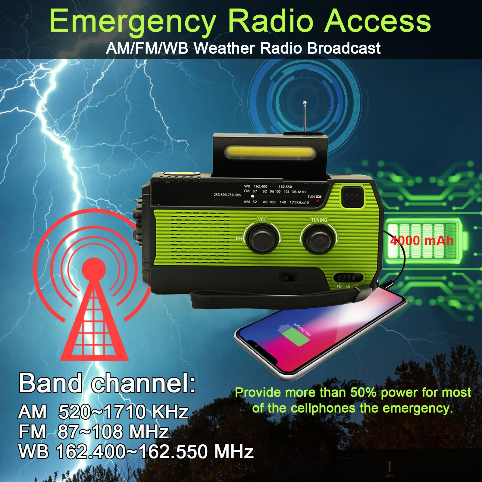 Multifuncional Rádio Manivela Solar fm am wb Receptor do Tempo 4000mah Carregamento Usb Lanterna Led de Emergência Power Ban - Image 5