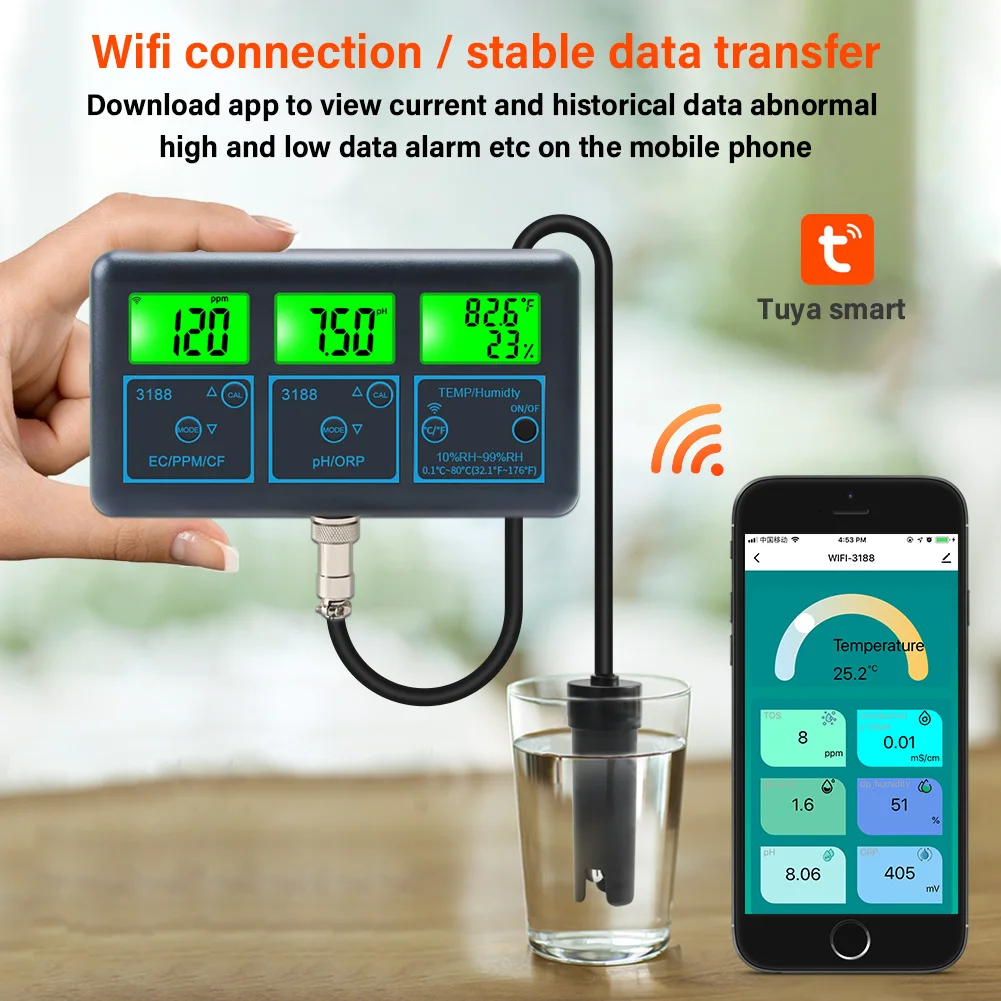 WiFi PH Meter Temp TDS(ppm) EC ORP Water Tester Tuya APP Smart Monitor Digital Analyzer for Aquariums Hydroponics Swimming Pool 4
