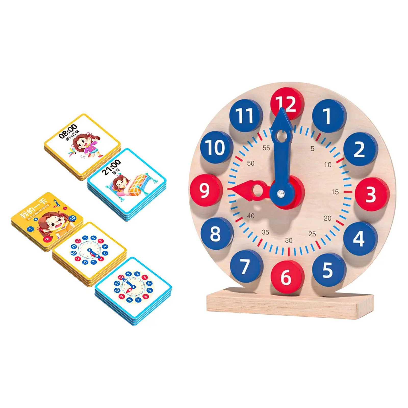 

Wooden Toy Clock Portable 18 Reversible Time Cards for Gift Preschool School