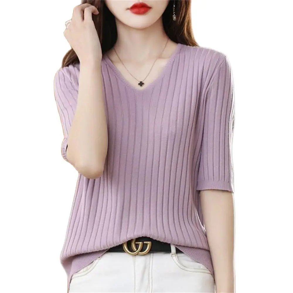 

Women's Short Sleeve V-Neck Striped Knitwear Slim Fit Shirt Korean Fashion Pullovers Thin Knit Tops Bottoming Shirts 2023
