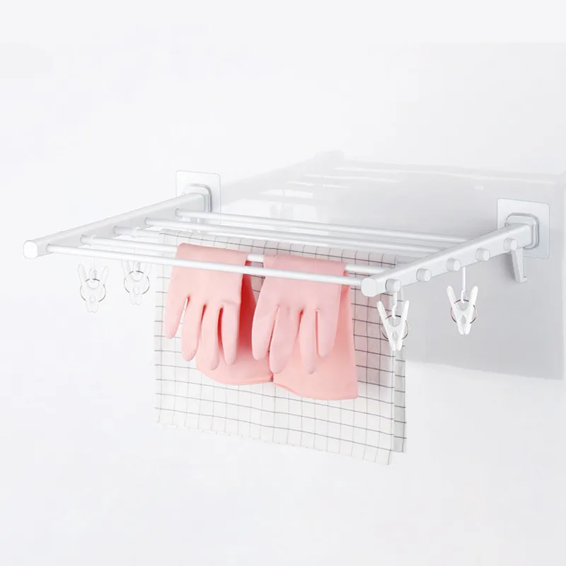 

New Indoor Bathroom Folding Towel Bar Non-Trace Tape with Sock Clip Balcony Simple Telescopic Invisible Drying Rack Organization