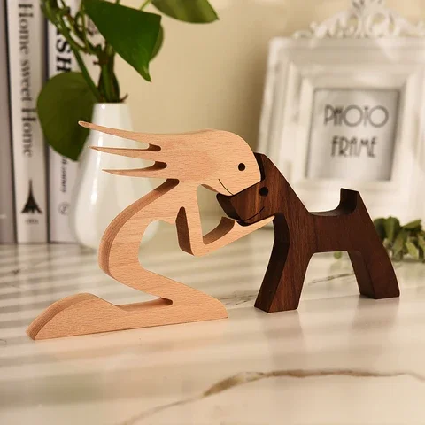 

Wooden Dog And Human Craft Figurin Creative 3D Home Office Decoration Man Statue Wood Toy Desk ECO Friendly Free Shipping