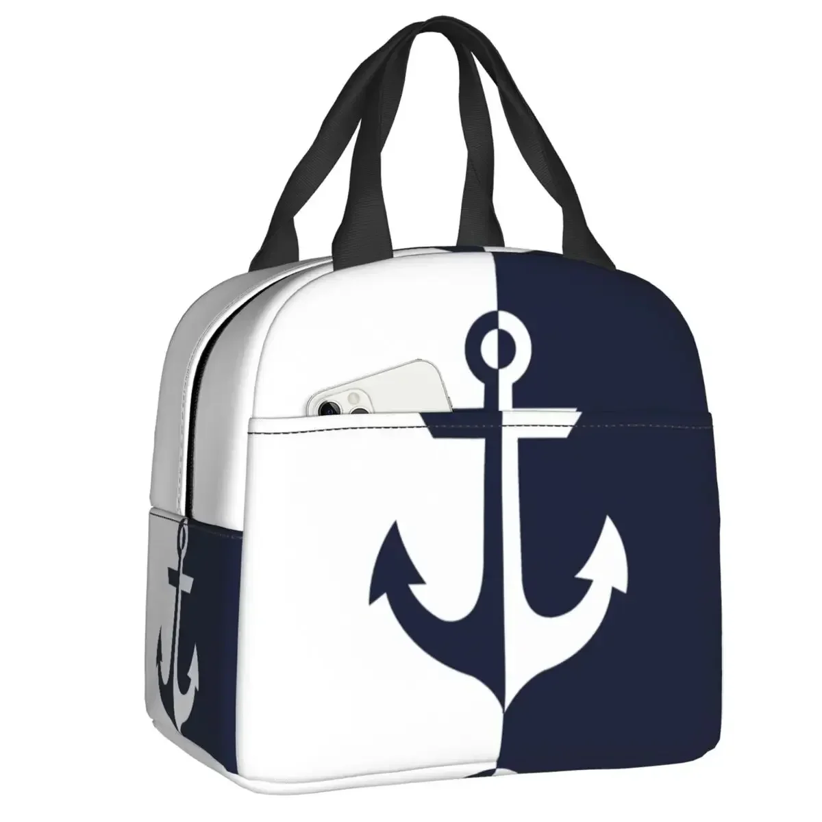 

Nautical White Navy Blue Anchor Lunch Bag Leakproof Thermal Cooler Insulated Bento Box For Women Children School Food Tote Bags