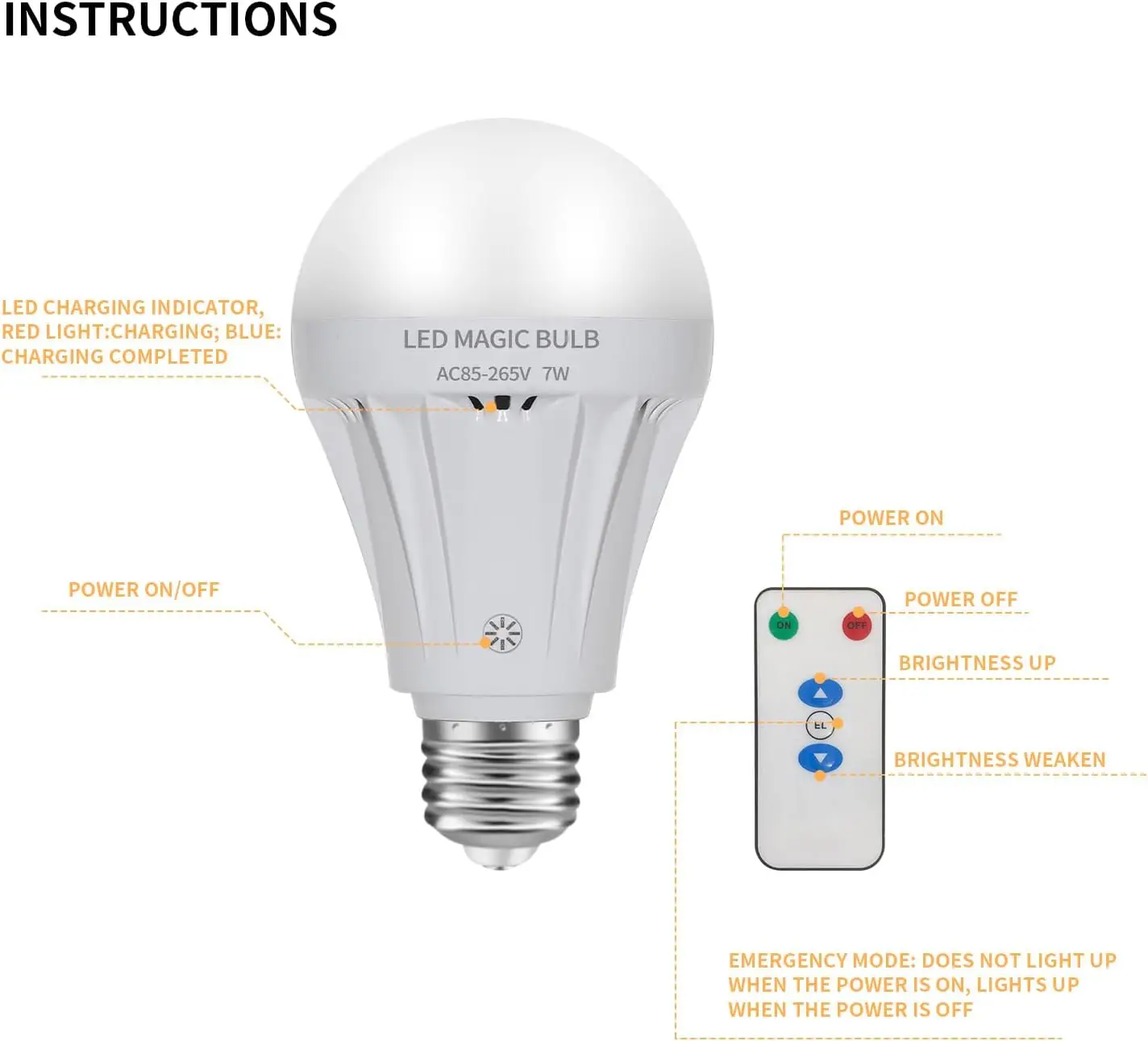 Neue 7W E27 Notfall-Glühbirne, wiederaufladbar, mit Fernbedienung, dimmbare LED-Lampe, Zeltlampe, insekten- und staubdicht – Detail 4