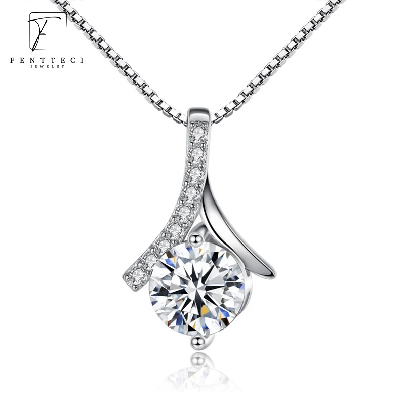 

FENTTECI S925 Sterling Silver Platinum Plated 2 Carat Moissanite Pendants Necklace For Women Fine Jewelry Clavicle Chain Newest