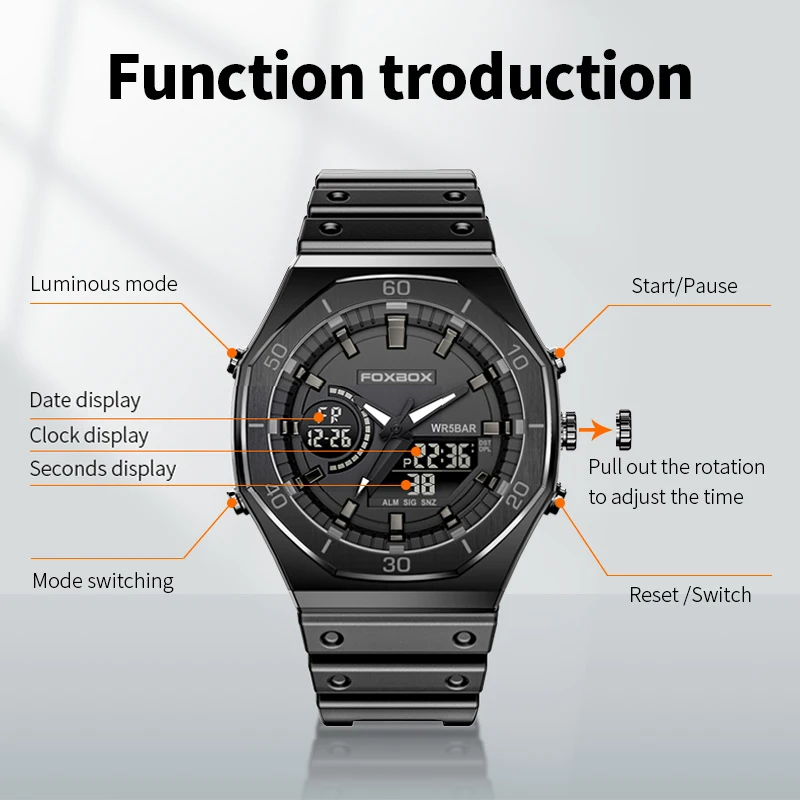 2023 FOXBOX Mens Watches Waterproof Double Display Wristwatch LED Alarm Clock Watch for Men Sports Watch Men Relogio Masculino