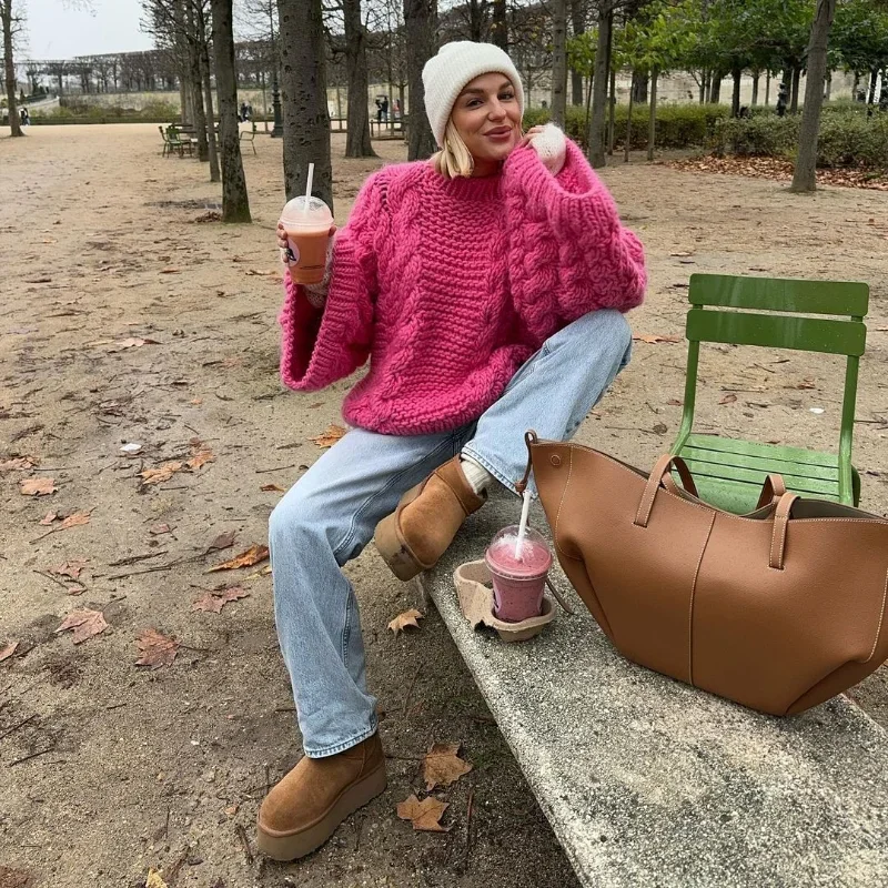 Knit Oversize High Neck Jumper Sweater Women Lazy Round Neck Ribbed Pullover Female Autumn Winter Thick Warm Lady Knitwear