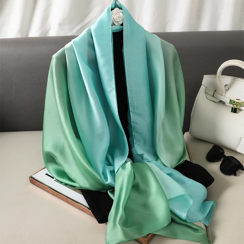 Mode Dame solide weiche Satin Seide Schal großen Schal Farbverlauf Design Seide Schals Luxusmarke Frauen Strand gestohlen Bandana 90*180cm – Detail 23