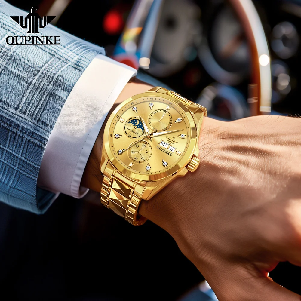OUPINKE 3298 Moon Phase Man Watch Chronograph Waterproof Complete Calendar High_end Luxury Business Automatic Mechanical Watches
