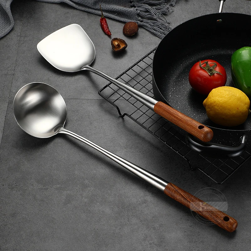Kitchen Utensils Konco 304 Stainless Steel Spatula Spoon Wok Spatula Wooden Handle Shovel Scoop Kitchen Cooking Tool