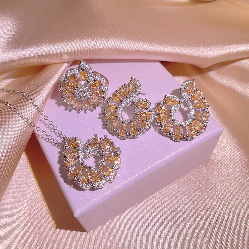 

Creative Flower Geometric Winding Topaz Three-Piece Ring Pendant Necklace Stud Earring For Women Zircon Valentine Gift Jewelry