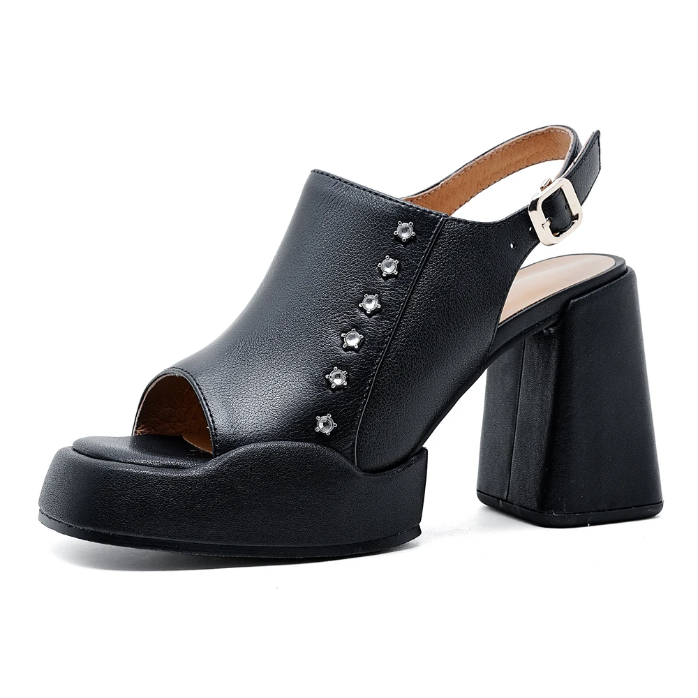 

2023 Fashion Women Summer Luxury Shoes Leather High Heels Platform Designer Sandals Ladies Square Toes Block Heels Black White