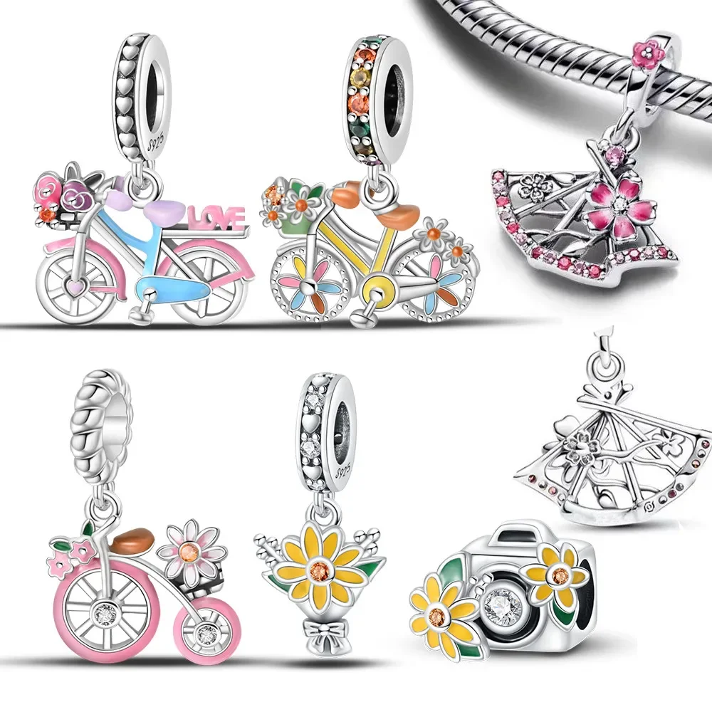 

925 Silver Flowers Bicycle Colorful Charms Beads Pendant Sunflower Dangle Fit Original Pandora Bracelet for Women Jewelry Making