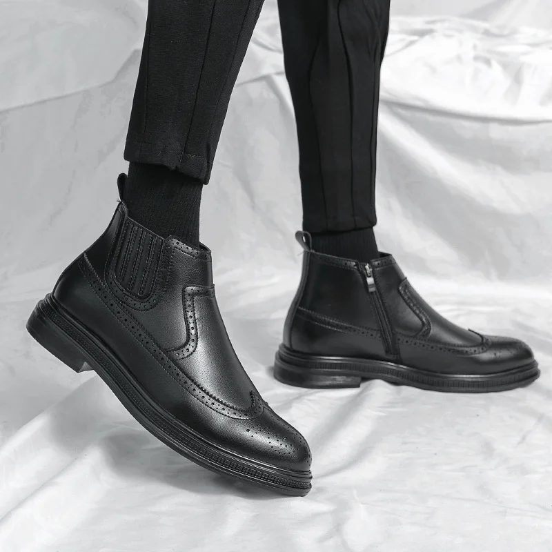 Brown Classic High Top Brogue Shoes For Men Pointed Zipper Dress Boots Man Comfortable Leather Men's Ankle Boots bota masculina