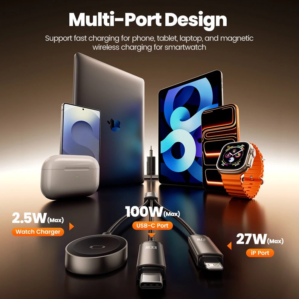 투키 100W 3-in-1 USB 케이블 (아이워치 시리즈용 워치 충전기 포함) USB C - 타입 C - 아이폰 13 14 15 16 17용 라이트닝 케이블