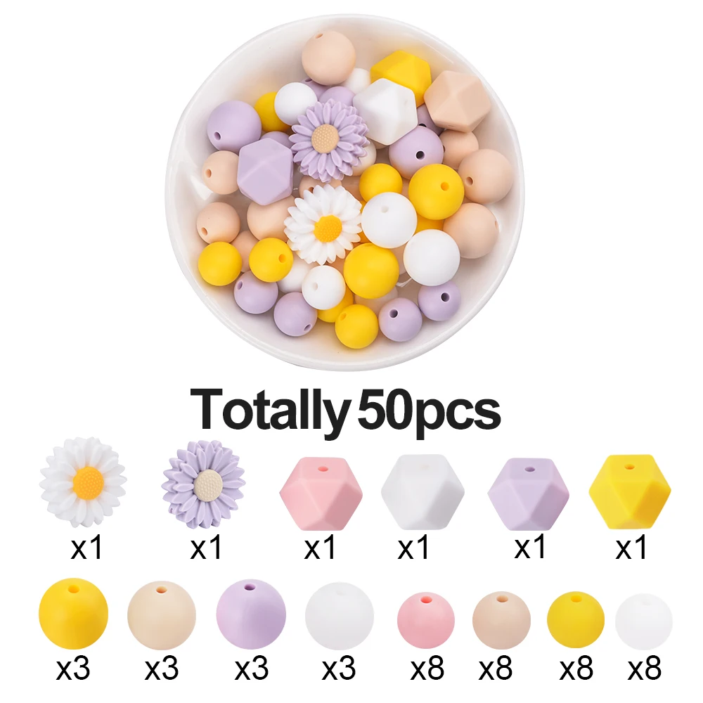 LOFCA 50 Stück Silikon-Sonnenblumenperlen, Beißring in Lebensmittelqualität, zur Herstellung von Schnuller-Halsketten, Schnullerketten, Schmuckzubehör – Detail 12